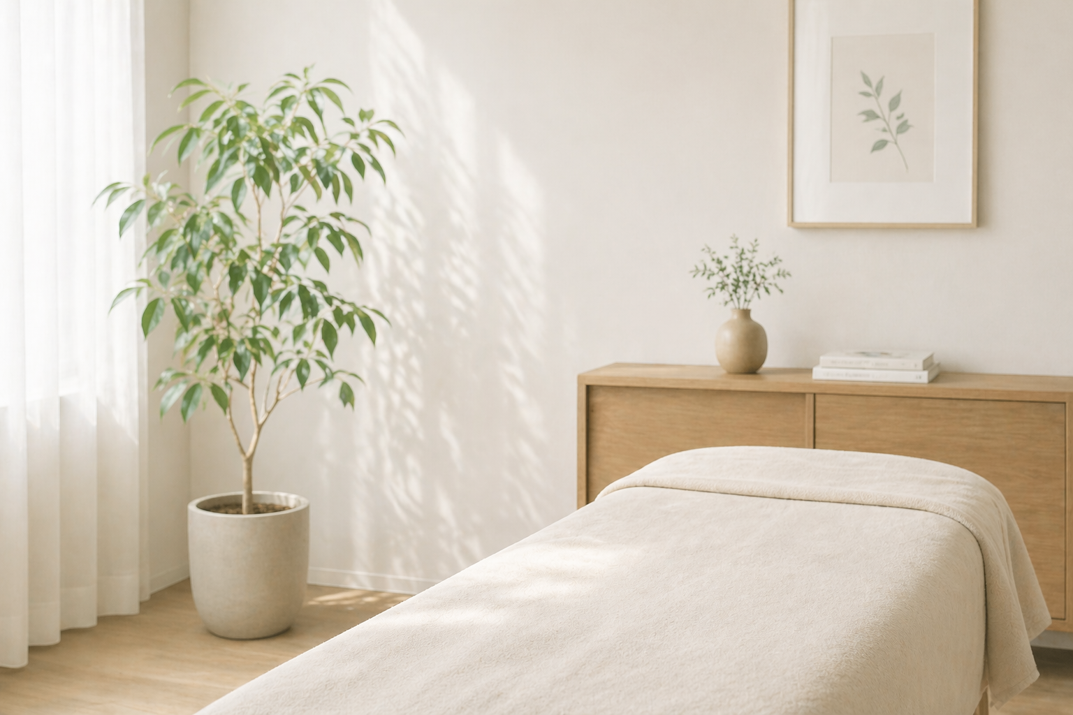 静かな整体院の内観。木の椅子とグリーンのある落ち着いた空間