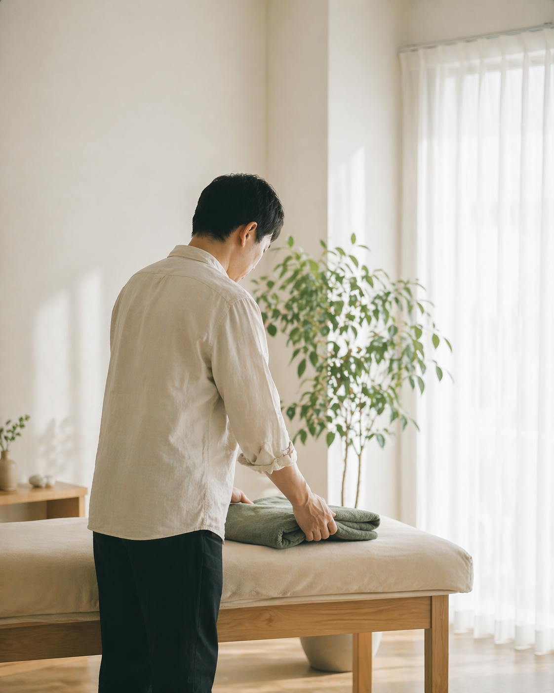 あおば整体院 院長の横顔。落ち着いた佇まい