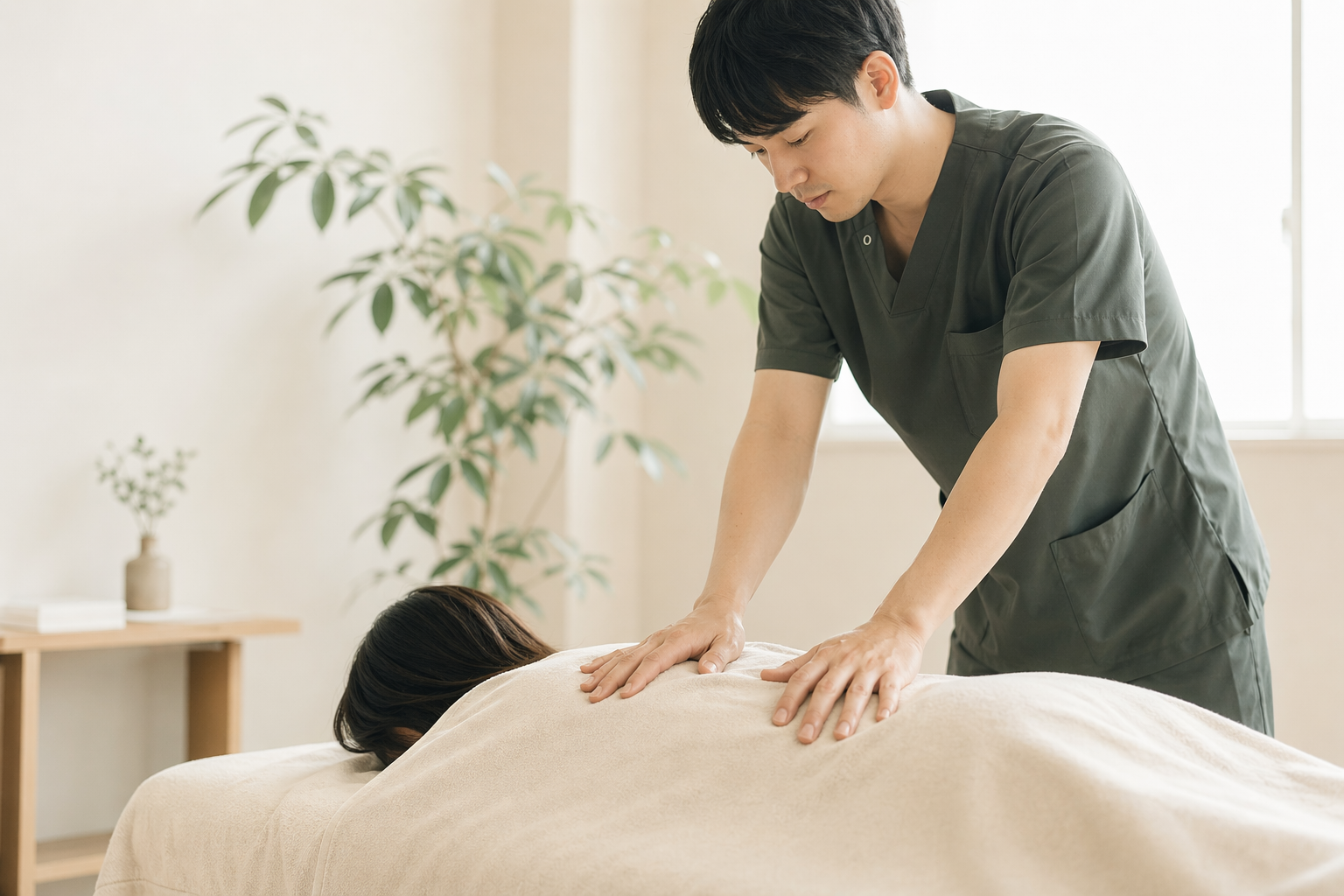 施術中の手元。大人の背中にそっと添えられた施術者の手と、やわらかな朝の光